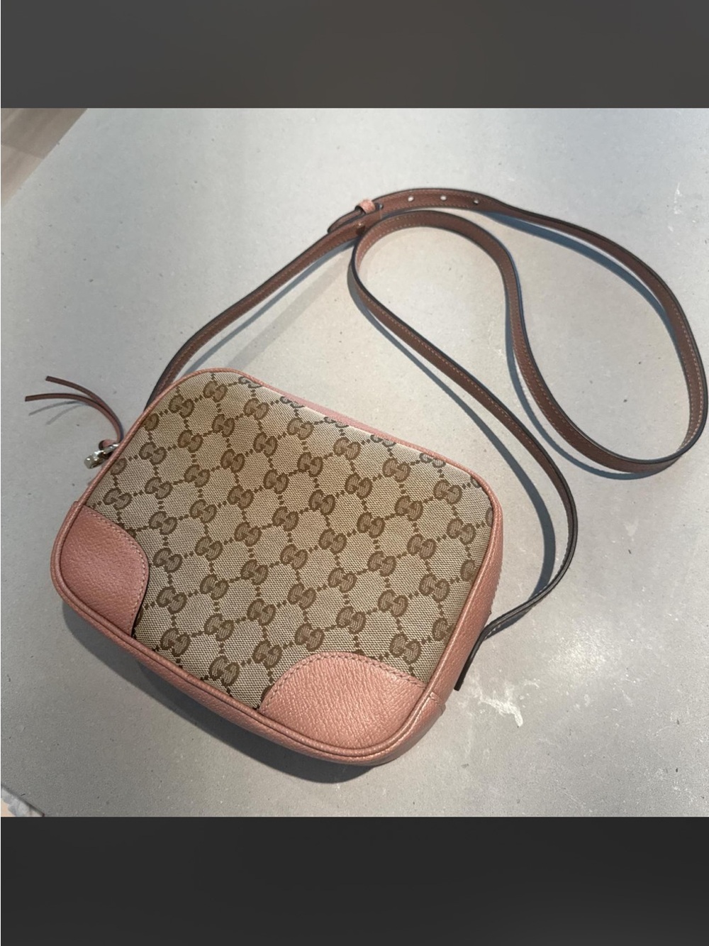 Gucci Bree Supreme Beige GG Canvas Crossbody with Pink Leather Trim